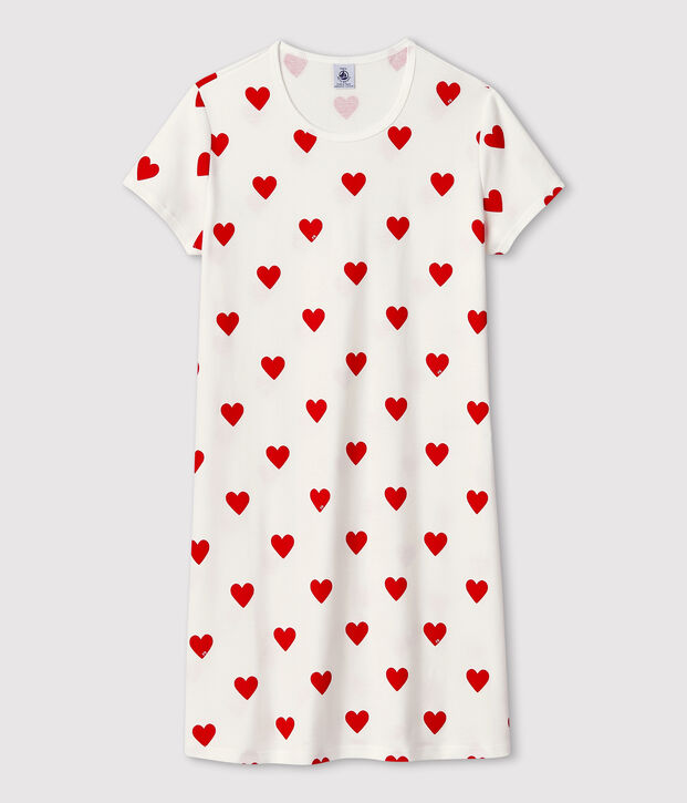 Chemise de nuit c&oelig;ur fille en coton blanc/rouge