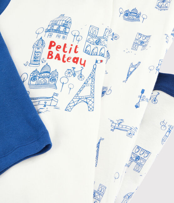 Pyjama motif Paris petit garçon en côte blanc MARSHMALLOW/bleu BLEU/ MULTICO
