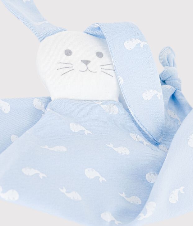 Doudou b&eacute;b&eacute; en coton imprim&eacute; baleine bleu/blanc