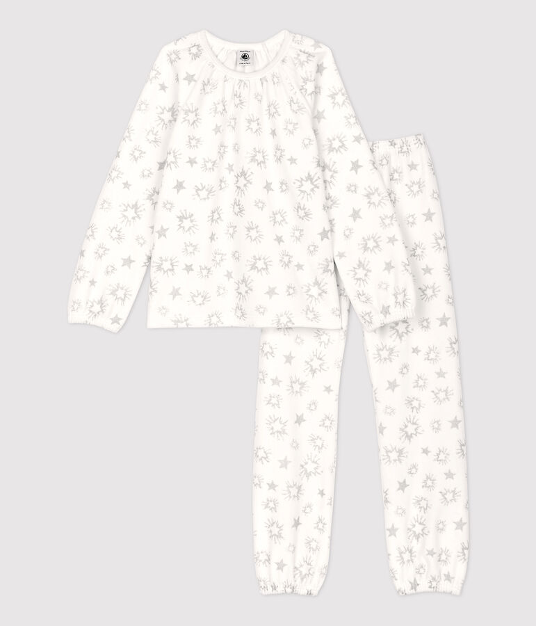 Pyjama petite fille imprim&eacute; &eacute;toiles petite fille en velours blanc/gris