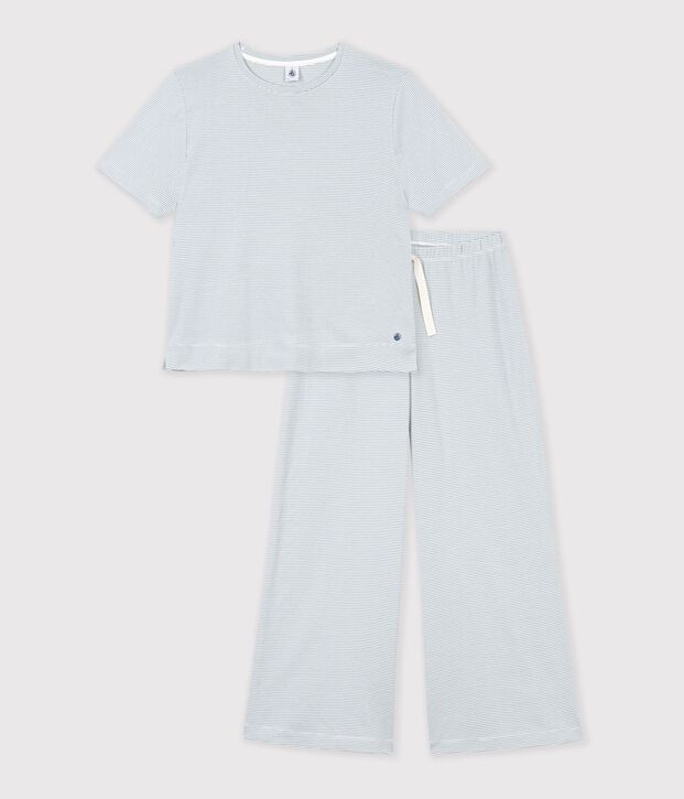 Pyjama femme en coton jambes larges &agrave; rayures gris/blanc