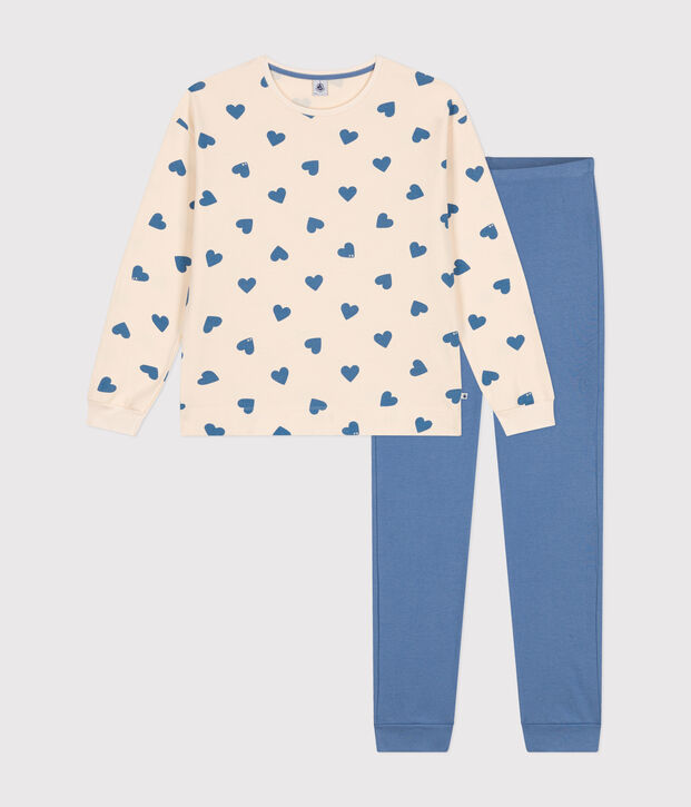 Pyjama bi-mati&egrave;re en coton femme bleu/&eacute;cru