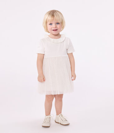 Robe bébé en coton et tulle manches courtes et colerette