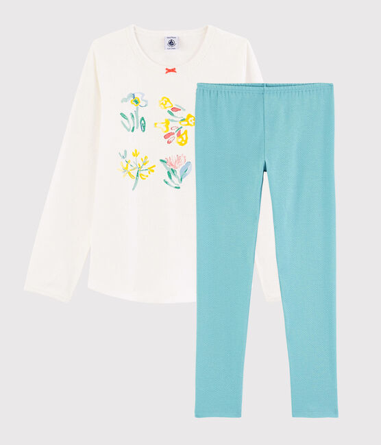 Pyjama fleurs printanières petite fille en coton bleu TIKI/blanc MARSHMALLOW