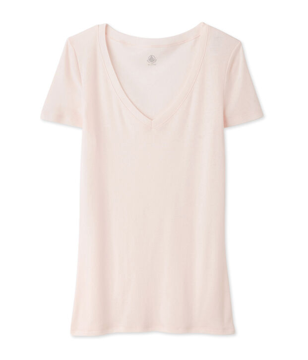 Tee shirt manches courtes col v femme rose clair
