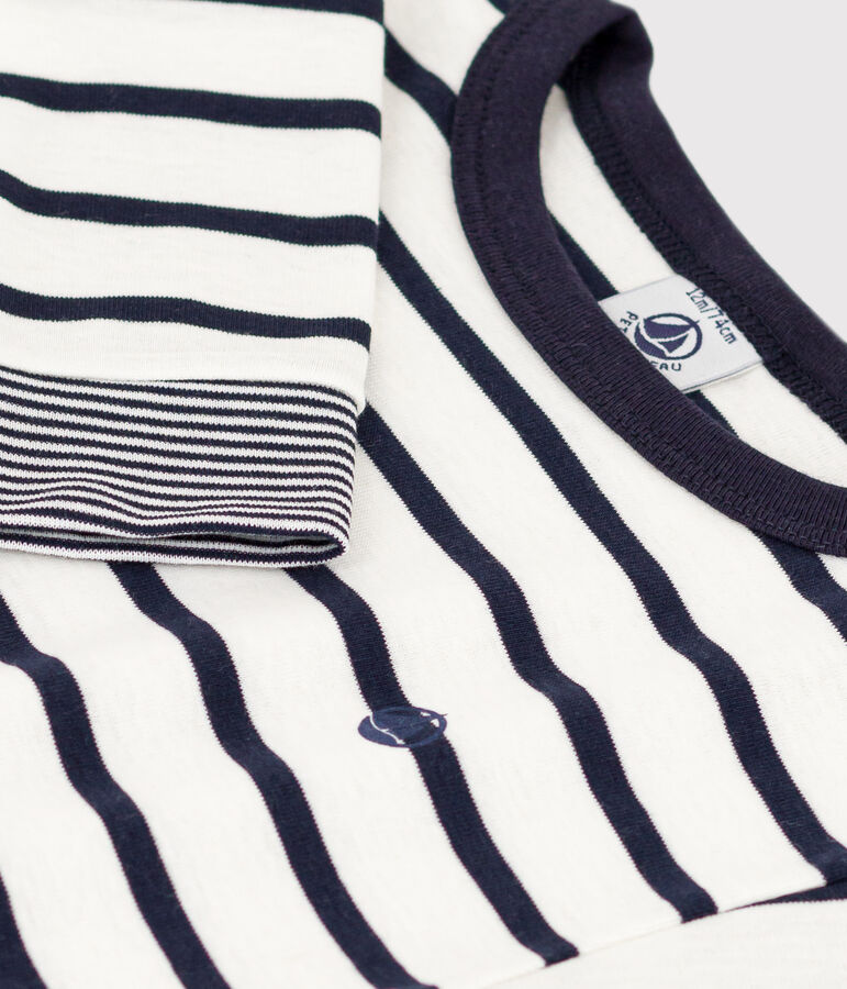 Tee-shirt manches longues en coton ray&eacute; b&eacute;b&eacute; blanc MARSHMALLOW/bleu SMOKING