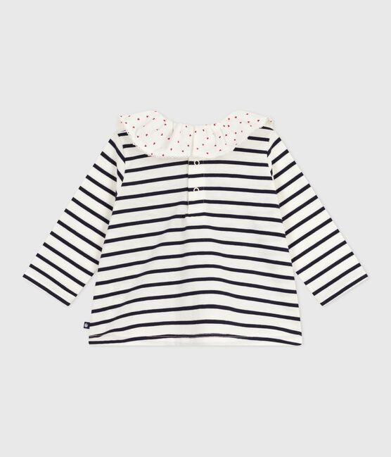 Blouse bébé en coton manches longues, marinière et col cœurs blanc MARSHMALLOW/bleu SMOKING