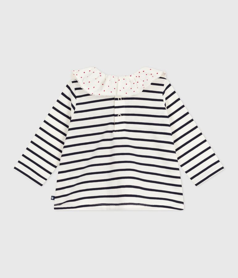 Blouse b&eacute;b&eacute; en coton manches longues, marini&egrave;re et col c&oelig;urs blanc MARSHMALLOW/bleu SMOKING