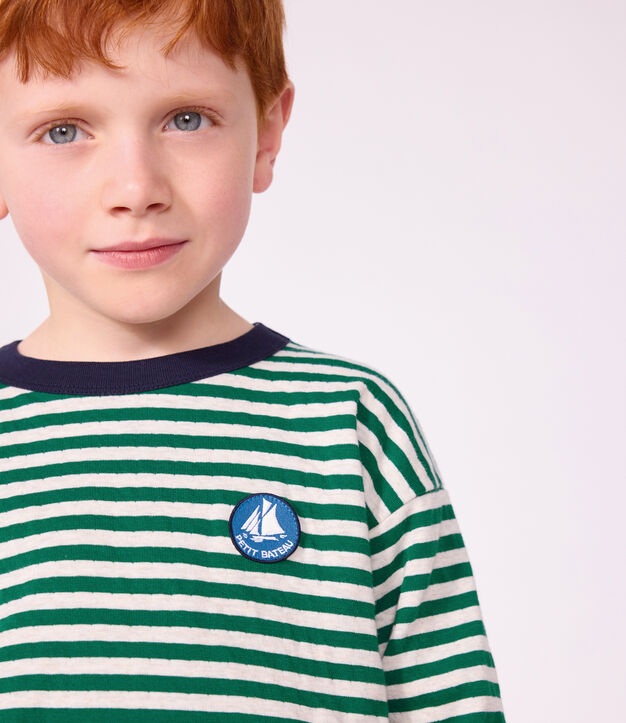 Tee-shirt enfant manches longues &agrave; rayures vert/beige/vert