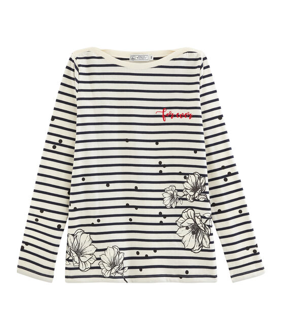 Tee shirt marinière femme beige COQUILLE/bleu SMOKING