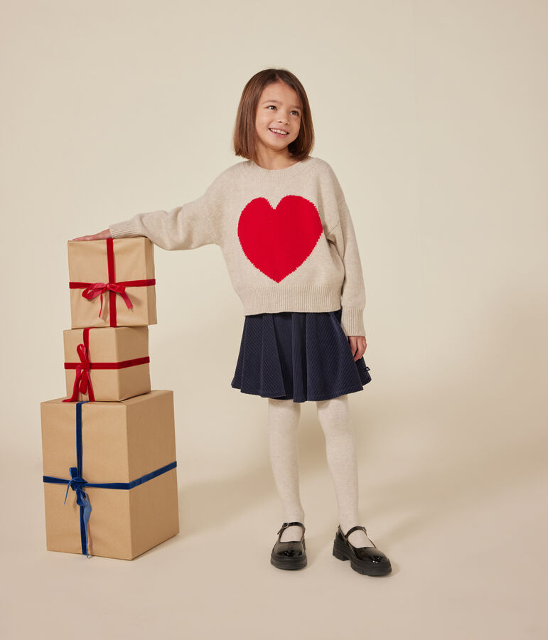 Pull laine et coton enfant fille &eacute;cru/rouge