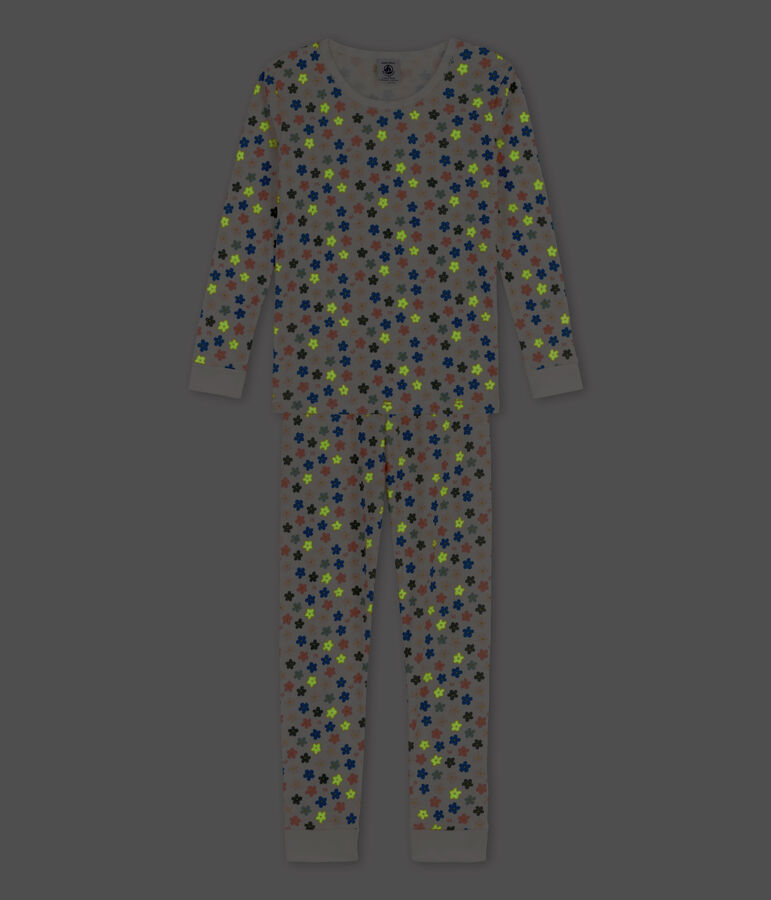 Pyjama snugfit fleurs r&eacute;tro phosphorescent petite fille en coton blanc MARSHMALLOW/blanc MULTICO