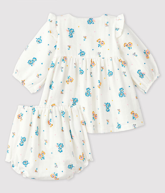 Robe fleurie manches longues avec bloomer bébé fille en tissu couche blanc MARSHMALLOW/blanc MULTICO