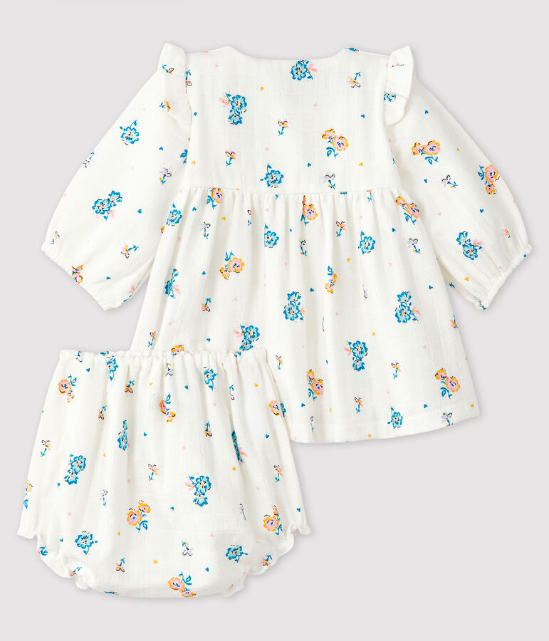 Robe fleurie manches longues avec bloomer b&eacute;b&eacute; fille en tissu couche blanc MARSHMALLOW/blanc MULTICO