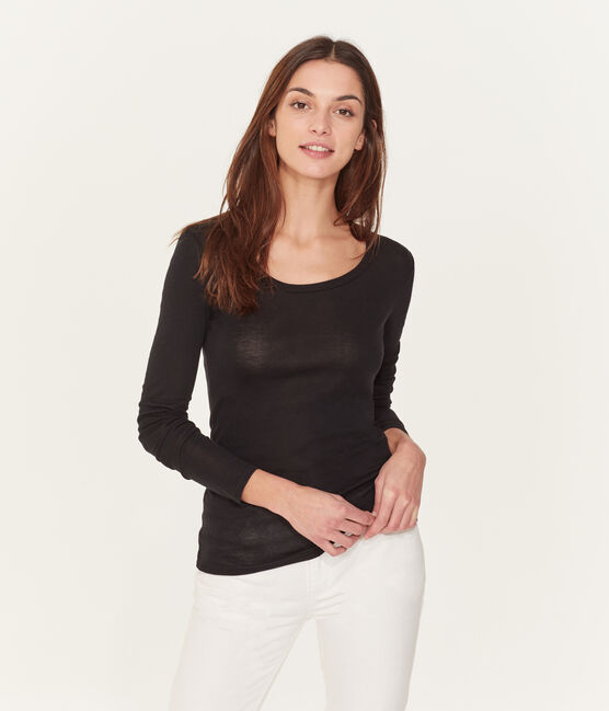 Tee-shirt manches longues femme en coton léger noir NOIR