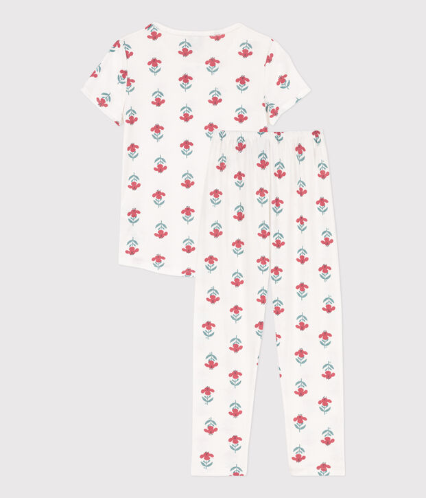 Pyjama manches courtes fleurs en coton petite fille blanc/multicouleur