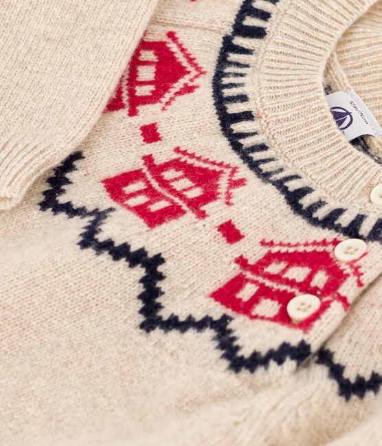 Pull jacquart en tricot laine et coton bébé beige MONTELIMAR/blanc MULTICO