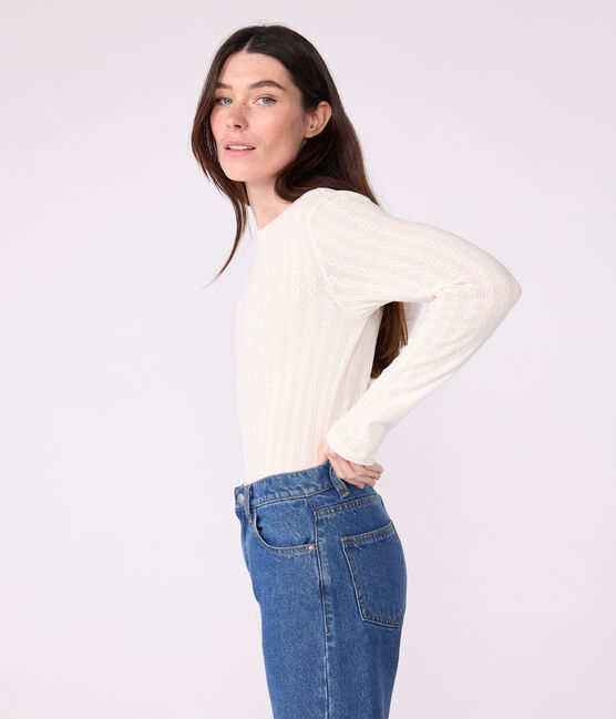 Tee-shirt femme l'iconique en coton ajouré manches longues écru MILK