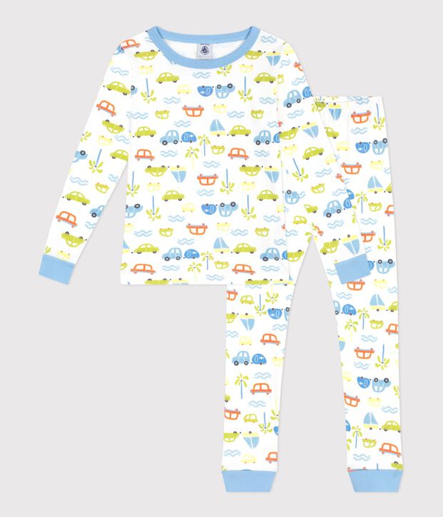 Pyjama tr&egrave;s ajust&eacute; enfant en coton imprim&eacute; voitures blanc/multicouleur