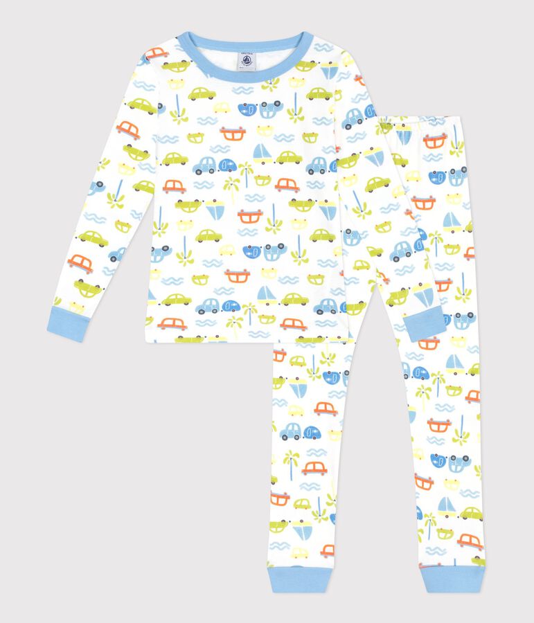 Pyjama tr&egrave;s ajust&eacute; enfant en coton imprim&eacute; voitures blanc/multicouleur