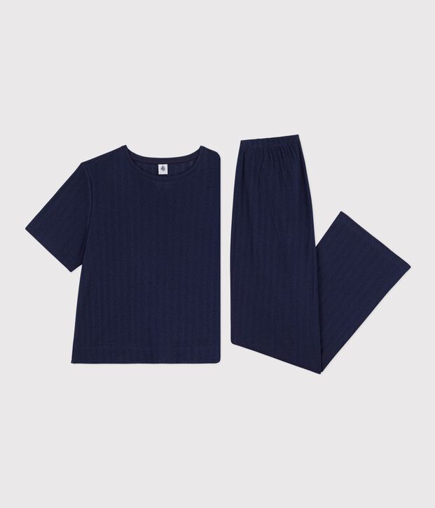 Pyjama manches courtes femme en coton ajour&eacute; bleu