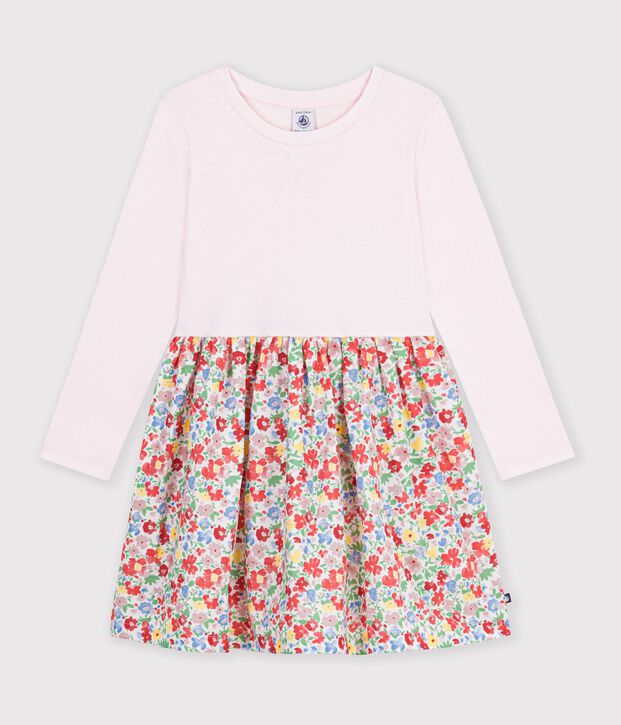 Robe enfant en coton manches longues &agrave; fleurs blanc/multicouleur