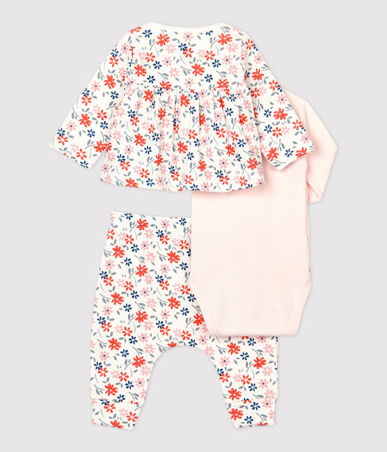 Ensemble 3 pièces imprimé fleurs bébé fille en coton biologique blanc MARSHMALLOW/blanc MULTICO