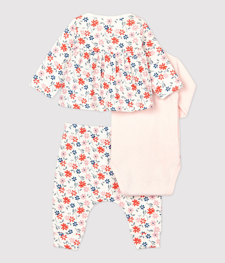 Ensemble 3 pi&egrave;ces imprim&eacute; fleurs b&eacute;b&eacute; fille en coton biologique blanc/multicouleur