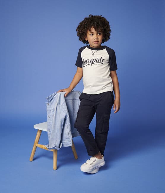 Tee-shirt manches courtes en jersey enfant garçon blanc MARSHMALLOW/bleu SMOKING