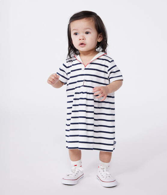 Robe marinière bébé en coton manches courtes et col vareuse blanc MARSHMALLOW/bleu SMOKING