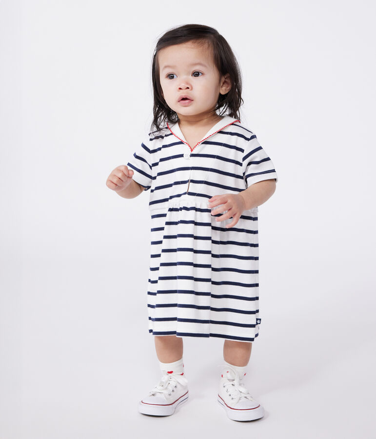 Robe marini&egrave;re b&eacute;b&eacute; en coton manches courtes et col vareuse blanc MARSHMALLOW/bleu SMOKING