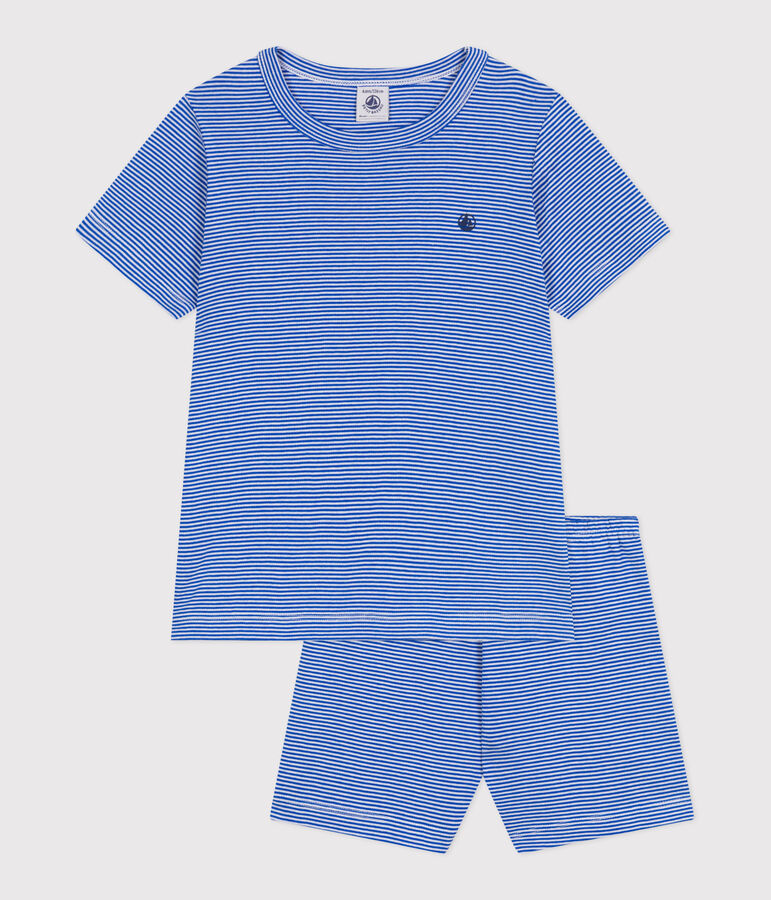 Pyjama short enfant en coton &agrave; rayures bleu PERSE/blanc MARSHMALLOW