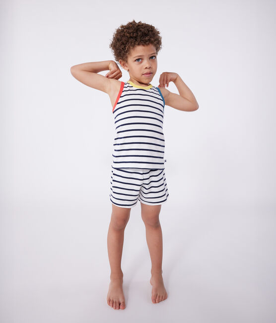 Pyjama short enfant en coton débardeur à rayures blanc MARSHMALLOW/bleu SMOKING