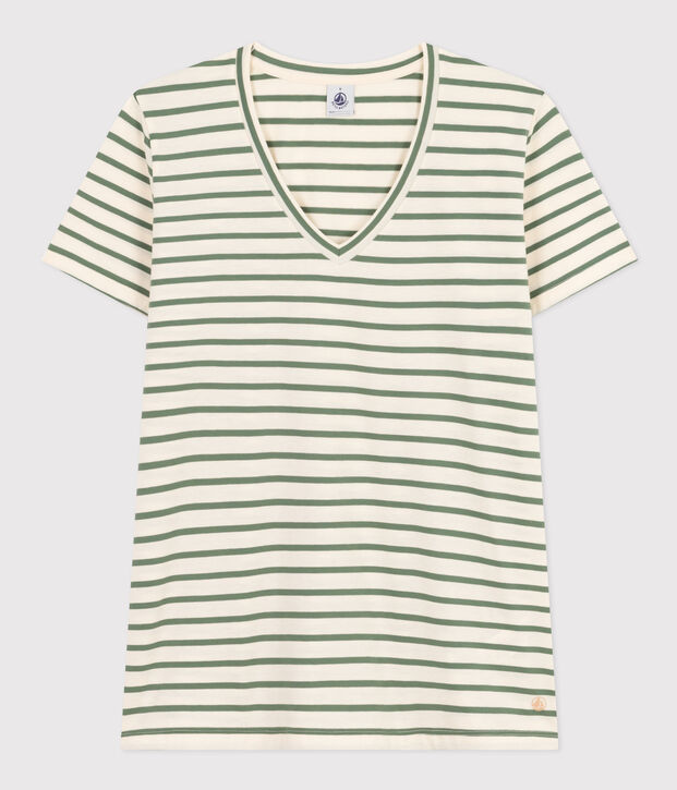 Tee-shirt Le Droit col V en coton ray&eacute; femme &eacute;cru/vert