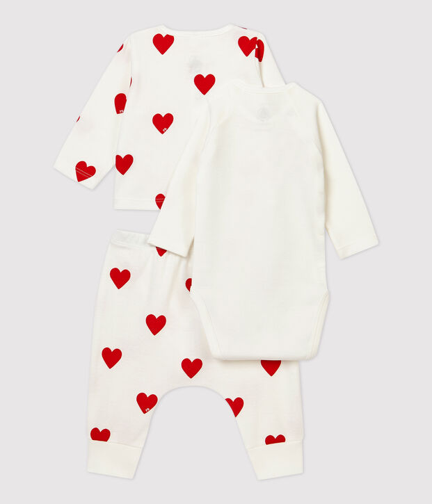 Ensemble 3 pi&egrave;ces c&oelig;urs rouges b&eacute;b&eacute; en coton biologique blanc/rouge