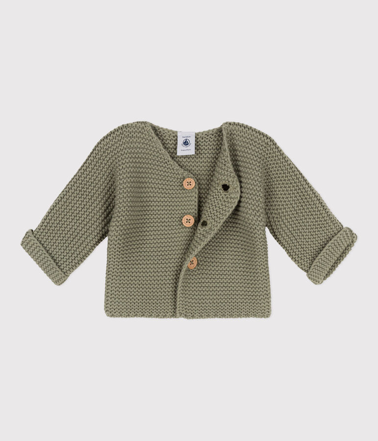 Cardigan b&eacute;b&eacute; tricot point mousse en coton vert MARECAGE