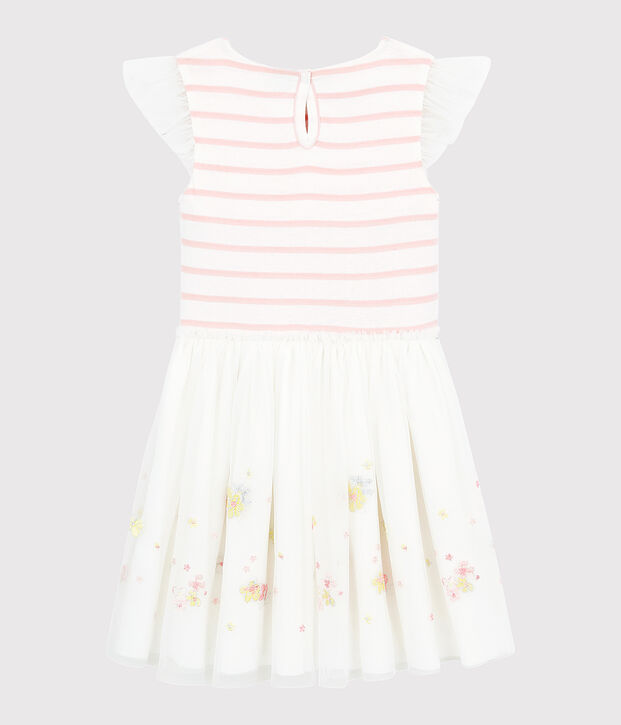 Robe c&eacute;r&eacute;monie en coton et tulle enfant fille blanc/rose