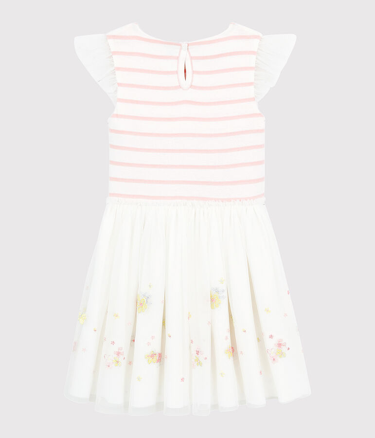 Robe c&eacute;r&eacute;monie en coton et tulle enfant fille blanc MARSHMALLOW/rose MINOIS