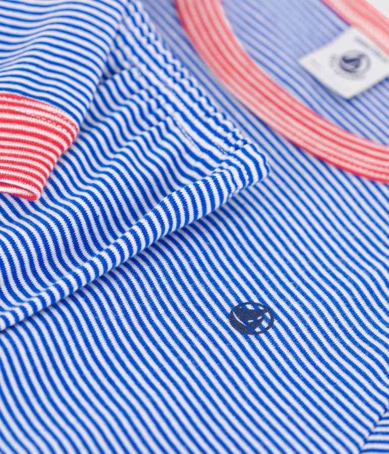 Pyjama enfant en coton manches longues &agrave; rayures bleu PERSE/blanc MARSHMALLOW