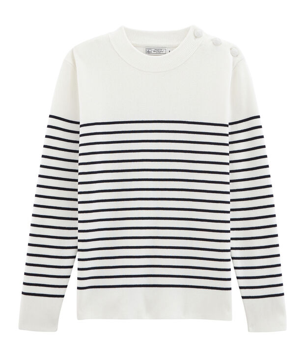 Pull marin en coton tricot c&ocirc;te 1x1. blanc/bleu