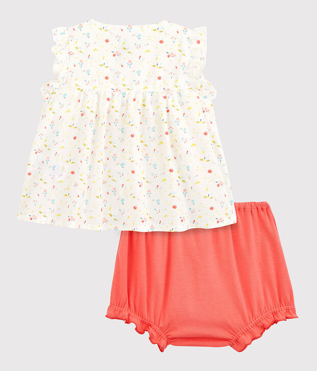 Ensemble 2 pi&egrave;ces fleuri b&eacute;b&eacute; fille en cha&icirc;ne et trame et  coton biologique blanc/multicouleur