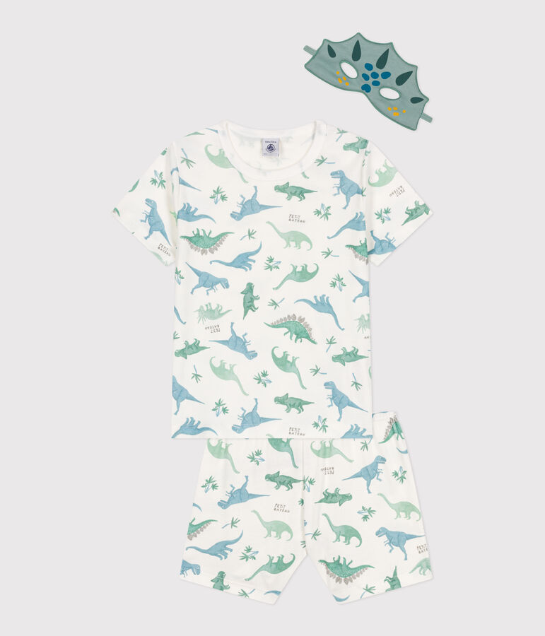 Pyjama short d&eacute;guisement enfant en coton imprim&eacute; dinosaures blanc MARSHMALLOW/blanc MULTICO