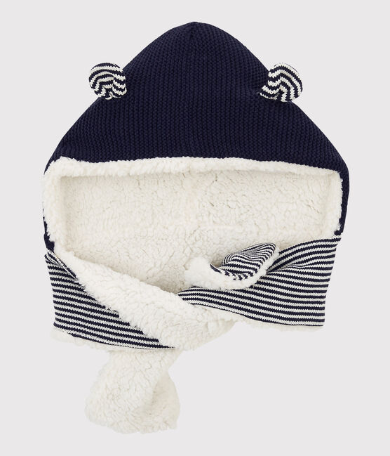 Bonnet-écharpe en tricot bébé. bleu SMOKING/blanc MARSHMALLOW