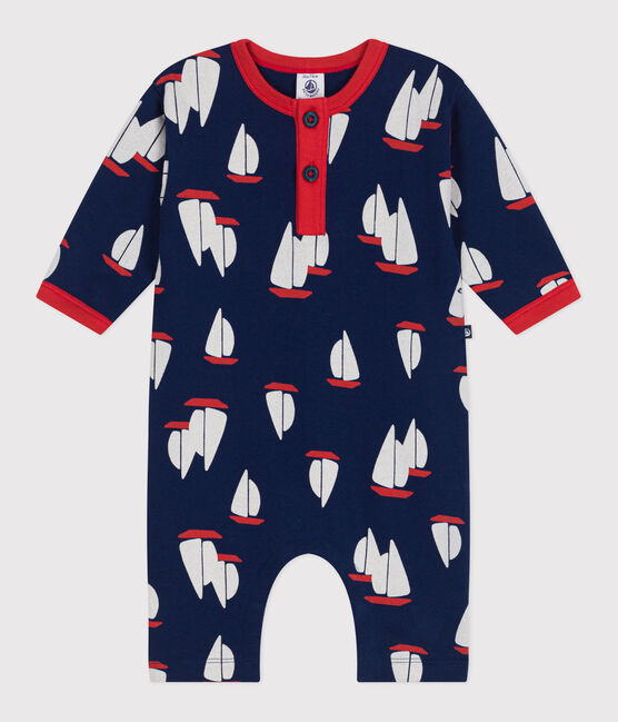 Combinaison bébé en coton manches longues, imprimée bateaux bleu MEDIEVAL/blanc MULTICO