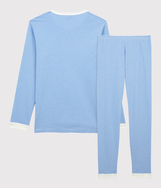 Pyjama milleraies bleu fille/garçon en coton biologique bleu BRASIER/gris MARSHMALLOW