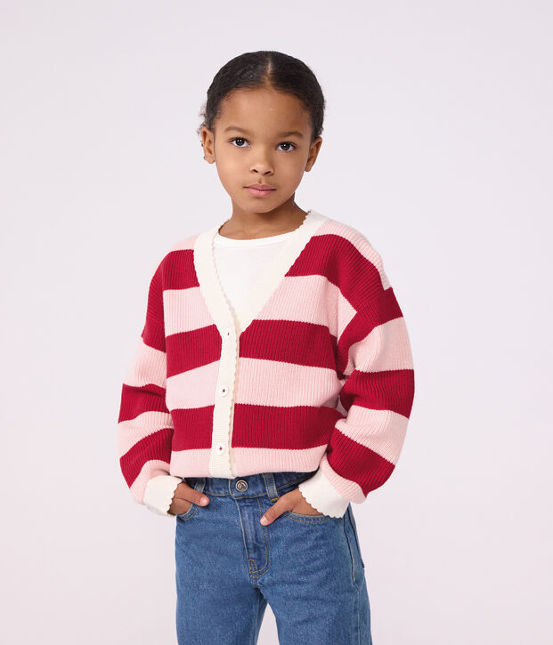 Cardigan enfant en laine et coton &agrave; rayures rose/rose