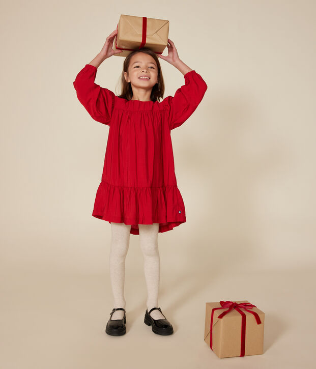 Robe manches longues en toile enfant fille rouge