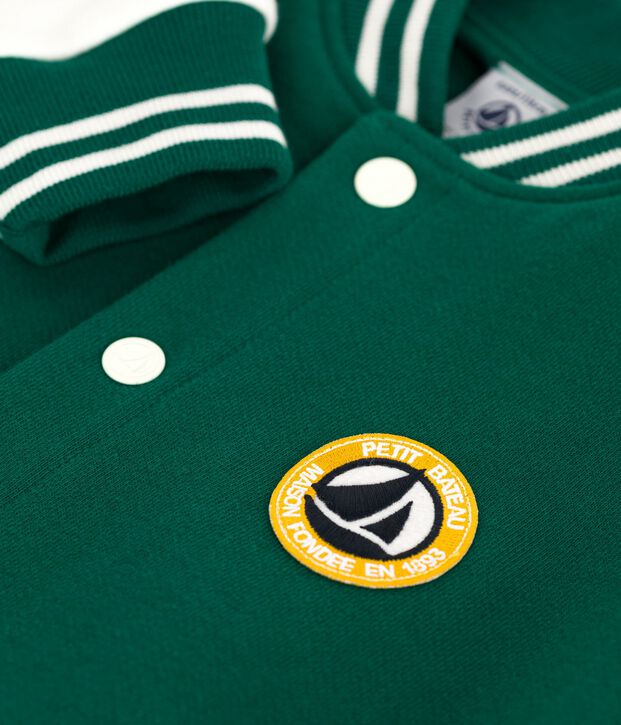 Veste teddy enfant en coton uni vert/&eacute;cru