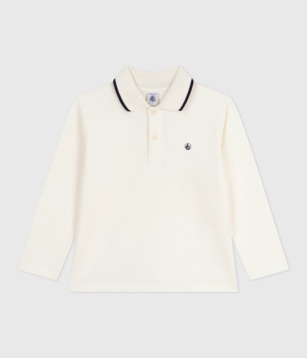 Polo enfant en coton &agrave; manches longues imprim&eacute; blanc cass&eacute;
