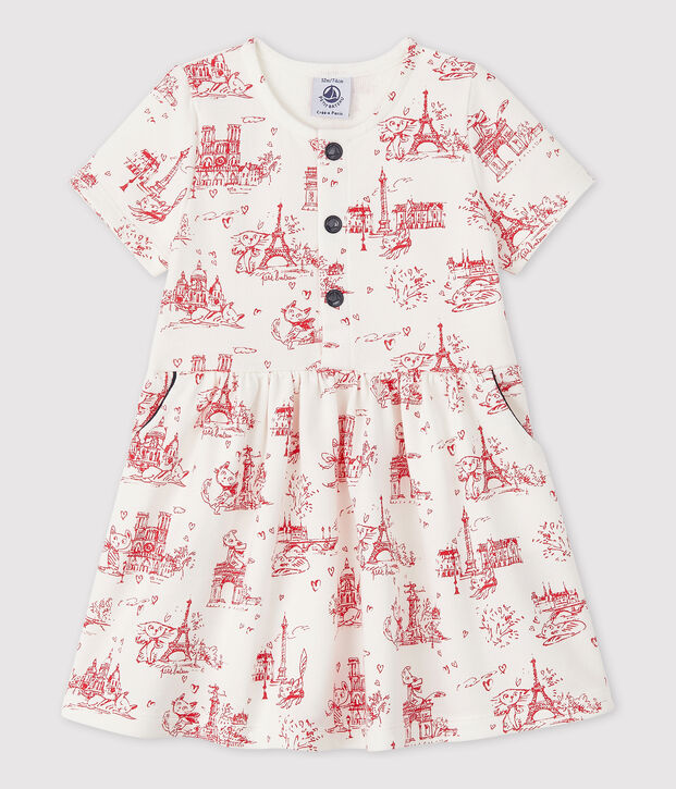 Robe manches courtes en molleton b&eacute;b&eacute; fille blanc/rouge
